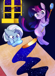 Size: 582x800 | Tagged: safe, artist:weiliy, derpibooru import, trixie, twilight sparkle, unicorn twilight, pony, unicorn, cute, duo, female, horn, indoors, looking at something, mare, night, pixiv, smiling, stars, table