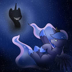 Size: 1024x1024 | Tagged: safe, artist:sellyluvsart, nightmare moon, princess luna, alicorn, pony, fangs, sad, see-through, shadow, space