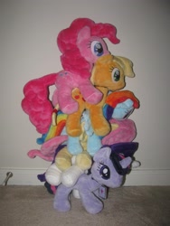 Size: 2448x3264 | Tagged: safe, artist:manlystitches, derpibooru import, applejack, fluttershy, pinkie pie, rainbow dash, rarity, twilight sparkle, high res, irl, photo, plushie, ponies riding ponies, riding