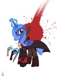 Size: 768x1024 | Tagged: safe, artist:l-luna, princess luna, alicorn, pony, clothes, crossover, dante (devil may cry), devil may cry, dmc, ebony, female, ivory (devil may cry), mare, s1 luna, solo, sword, weapon