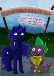 Size: 1024x1448 | Tagged: safe, artist:dinodraketakethecake, princess luna, spike, alicorn, dragon, pony, brotherhooves social, moustache, price tag, speech bubble, trophy, whistling