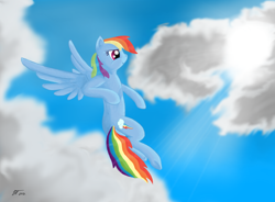 Size: 1200x884 | Tagged: safe, artist:erockertorres, rainbow dash, pegasus, pony, blue coat, blue wings, female, mare, multicolored mane, simple background, smiling, solo