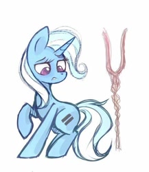 Size: 565x650 | Tagged: artist needed, safe, derpibooru import, trixie, pony, unicorn, the cutie map, equal cutie mark, female, mare, raised hoof, simple background, solo, staff, staff of sameness, white background