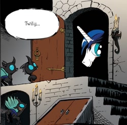 Size: 749x741 | Tagged: safe, shining armor, changeling, pony, unicorn, exploitable meme, knock knock meme, meme, memeception, twily face