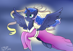 Size: 1024x722 | Tagged: safe, artist:infinityr319, princess luna, alicorn, pony, chang'e, chinese, chinese mythology, clothes, dress, flying, full moon, mid-autumn festival, mythology, solo, spread wings, wings