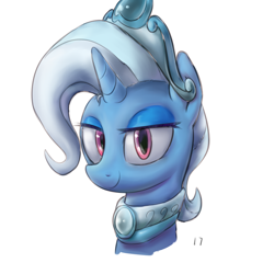 Size: 3000x3000 | Tagged: safe, artist:2387528112, derpibooru import, trixie, pony, unicorn, bust, crown, eyeshadow, female, high res, horn, jewelry, looking at you, makeup, mare, peytral, regalia, simple background, smiling, solo, white background