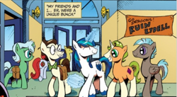 Size: 570x313 | Tagged: safe, idw, 8-bit (character), gaffer, gizmo, shining armor, earth pony, pegasus, pony, unicorn, spoiler:comic, coat markings, socks (coat marking)