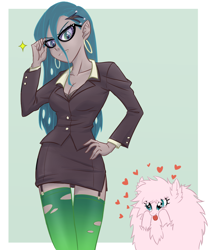 Size: 1080x1285 | Tagged: safe, artist:ta-na, queen chrysalis, oc, oc:fluffle puff, human, equestria girls, :p, business suit, businessalis, businessmare, canon x oc, chrysipuff, cleavage, clothes, dress, dress suit, equestria girls-ified, fangs, female, garters, glasses, heart, holey clothes, humanized, lesbian, looking at you, shipping, side slit, skirt, skirt suit, socks, stockings, suit, thigh highs, tongue out, tube skirt, zettai ryouiki