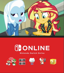 Size: 473x540 | Tagged: safe, derpibooru import, edit, sunset shimmer, trixie, better together, equestria girls, forgotten friendship, luigi, mario, nintendo, nintendo entertainment system, nintendo switch, nintendo switch online, toad (mario bros)