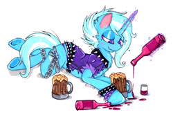 Size: 3315x2238 | Tagged: safe, artist:xxsilvixx, derpibooru import, trixie, alcohol, alternate hairstyle, beer, chains, clothes, drunk, jacket, lidded eyes, punk, smiling, solo, the great and alcoholics trixie, traditional art, wine