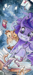 Size: 900x2022 | Tagged: safe, artist:mintospirit, derpibooru import, owlowiscious, twilight sparkle, book, grin, oil painting, painting, smiling, surreal, traditional art, windswept mane