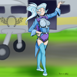 Size: 2000x2000 | Tagged: safe, artist:phallen1, artist:shoxxe, derpibooru import, trixie, human, air ponyville, humanized, light skin, parachute, plane, skydiving