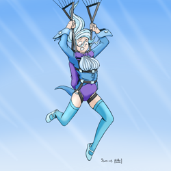 Size: 2000x2000 | Tagged: safe, artist:phallen1, artist:shoxxe, derpibooru import, trixie, human, air ponyville, fear, humanized, light skin, parachute, scared, skydiving