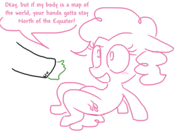 Size: 623x467 | Tagged: safe, artist:the weaver, pinkie pie, oc, oc:anon, human, bellyrubs, blushing, dialogue, petting, simple background, white background