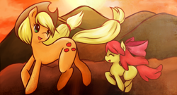 Size: 1166x631 | Tagged: safe, artist:monochromaticbay, apple bloom, applejack, earth pony, pony, female, mare, running