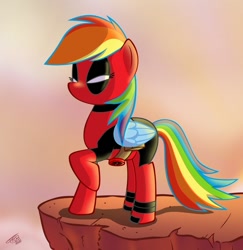 Size: 800x822 | Tagged: safe, artist:tobibrocki, rainbow dash, pegasus, pony, clothes, costume, crossover, deadpool, solo