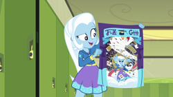 Size: 1920x1080 | Tagged: safe, derpibooru import, screencap, trixie, better together, equestria girls, forgotten friendship, clothes, cutie mark clothes, devil horn (gesture), dress, jacket, jewelry, magic, necklace, playing card, poster, skirt, solo, written equestrian