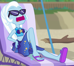 Size: 710x633 | Tagged: safe, derpibooru import, screencap, trixie, equestria girls, equestria girls series, forgotten friendship, beach, belly button, clothes, cropped, feet, female, flip-flops, open mouth, sandals, sarong, sunglasses, swimsuit