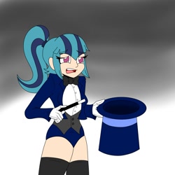 Size: 1999x1999 | Tagged: safe, artist:allengutairhero, sonata dusk, equestria girls, clothes, hat, humanized, leotard, magician, socks, solo, thigh highs, top hat, wand