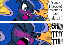 Size: 960x685 | Tagged: artist needed, safe, discord, princess luna, alicorn, pony, blushing, exploitable meme, eyes closed, glare, meme, open mouth, sweat, vulgar, yelling, your waifu is shit