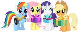 Size: 7215x2997 | Tagged: safe, artist:tgolyi, applejack, fluttershy, rainbow dash, rarity, earth pony, pegasus, pony, unicorn, .svg available, mouth hold, present, simple background, transparent background, vector