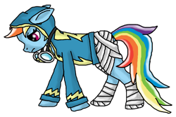 Size: 1164x776 | Tagged: safe, artist:cynderdragon101, rainbow dash, pegasus, pony, a precious rainbow, bandage, blue coat, female, mare, multicolored mane, solo