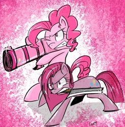 Size: 886x900 | Tagged: safe, artist:coin-trip39, pinkie pie, earth pony, pony, cannon, cleaver, duality, fight, knife, pinkamena diane pie, weapon