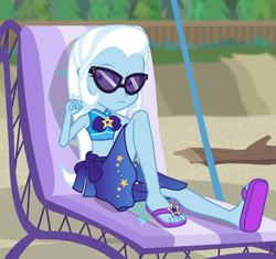 Size: 962x904 | Tagged: safe, derpibooru import, screencap, trixie, better together, equestria girls, forgotten friendship, belly button, clothes, cropped, feet, sarong, solo, sunglasses, swimsuit