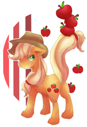 Size: 500x729 | Tagged: safe, artist:cheerubi, applejack, earth pony, pony, apple, balancing, food, looking back, solo