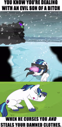 Size: 1280x2594 | Tagged: safe, screencap, king sombra, shining armor, pony, unicorn, caption, episode, image macro, meme, text, undressing, vulgar