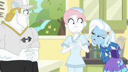 Size: 1920x1080 | Tagged: safe, derpibooru import, screencap, bulk biceps, nurse redheart, trixie, better together, equestria girls, forgotten friendship, ear piercing, earring, female, hat, jewelry, male, nurse, nurse hat, piercing, scrubs, trio, vein