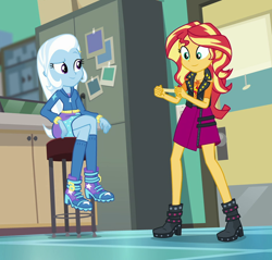 Size: 924x884 | Tagged: safe, derpibooru import, screencap, sunset shimmer, trixie, better together, equestria girls, forgotten friendship, boots, clothes, cute, diatrixes, female, geode of empathy, hoodie, kneesocks, legs, magical geodes, shoes, socks