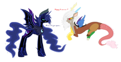 Size: 900x459 | Tagged: dead source, safe, artist:jaquelindreamz, darkhorse knight, discord, eris, nightmare moon, prince artemis, princess luna, alicorn, draconequus, pony, arteris, dialogue, rule 63, simple background, transparent background