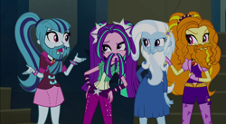 Size: 1262x694 | Tagged: safe, artist:thecheeseburger, derpibooru import, edit, edited screencap, screencap, adagio dazzle, aria blaze, sonata dusk, trixie, equestria girls, beard, beard edit, moustache edit, the dazzlings