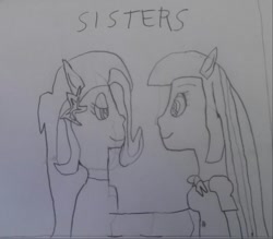 Size: 954x837 | Tagged: safe, artist:shafty817, derpibooru import, trixie, twilight sparkle, equestria girls, happy, monochrome, ponied up, pony ears, sisters, traditional art