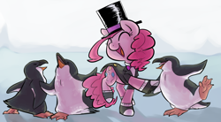 Size: 1280x706 | Tagged: safe, artist:php27, pinkie pie, earth pony, penguin, pony, dancing, spats, suit