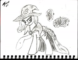 Size: 2020x1579 | Tagged: safe, artist:brekrofmadness, derpibooru import, trixie, pony, card, magic, monochrome, playing card, solo, traditional art