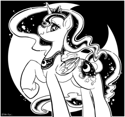 Size: 1129x1063 | Tagged: safe, artist:han_hyui, princess luna, alicorn, pony, monochrome, raised hoof, solo, wavy mouth