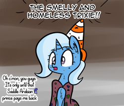 Size: 2637x2253 | Tagged: safe, artist:artiks, derpibooru import, trixie, pony, unicorn, dialogue, dirty, female, hobo pony, mare, quilting, solo, traffic cone