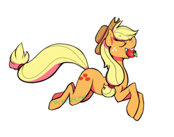 Size: 800x630 | Tagged: safe, artist:talkingcake, applejack, earth pony, pony, g4, apple, eyes closed, female, jumping, mare, mouth hold, simple background, solo, white background