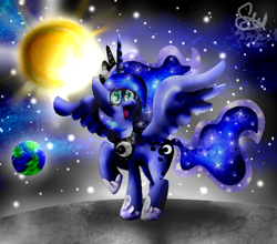 Size: 590x519 | Tagged: safe, artist:spiralwish, princess luna, alicorn, pony, moon, solo, space, sun