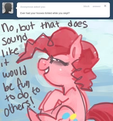 Size: 656x700 | Tagged: dead source, safe, artist:dhui, pinkie pie, earth pony, pony, ask tired pie, female, mare, pink coat, pink mane