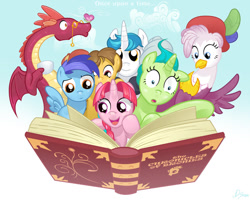 Size: 1024x819 | Tagged: artist needed, source needed, safe, derpibooru import, oc, oc only, butterfly, dragon, griffon, pegasus, pony, unicorn, blue background, book, cup, dragon oc, female, griffon oc, hat, male, mare, once upon a time, open book, pince-nez, simple background, stallion, teacup