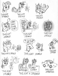 Size: 598x782 | Tagged: safe, artist:kturtle, derpibooru import, twilight sparkle, pony, unicorn, female, food, mare, monochrome, name pun, pickle, pun, solo focus, spock, star trek, twilight sporkle, watering can