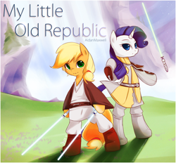 Size: 1024x951 | Tagged: safe, artist:derpiihooves, applejack, rarity, earth pony, pony, unicorn, bipedal, clothes, hatless, jedi, lightsaber, missing accessory, star wars