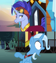 Size: 1280x1440 | Tagged: safe, derpibooru import, edit, screencap, hoo'far, trixie, magic duel, road to friendship, female, jaw drop, male, shipping, shipping domino, straight, trixfar