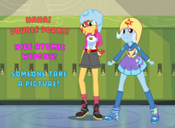 Size: 1024x750 | Tagged: safe, artist:betweentwocheeks, derpibooru import, sunset shimmer, trixie, better together, equestria girls, atomic wedgie, blushing, bully, bullying, camp everfree outfits, female, implied lesbian, implied shipping, implied suntrix, lockers, looking at you, underwear swap, wedgie