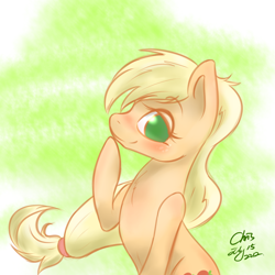 Size: 1500x1500 | Tagged: dead source, safe, artist:xcopyen002, applejack, earth pony, pony, raised hoof, sitting, solo