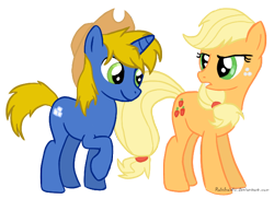 Size: 632x459 | Tagged: safe, artist:rakshaww, applejack, oc, oc:rush, earth pony, pony, unicorn, simple background