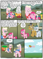 Size: 796x1098 | Tagged: safe, artist:kturtle, cloudy quartz, igneous rock pie, pinkie pie, earth pony, pegasus, pony, comic:the story of granny pie, cart, comic, covered wings, crying, eyes closed, female, filly, flying, glasses, granny pie, heart, kiss on the head, male, mare, mouth hold, pie family, pinkamena diane pie, quartzrock, sad, stallion